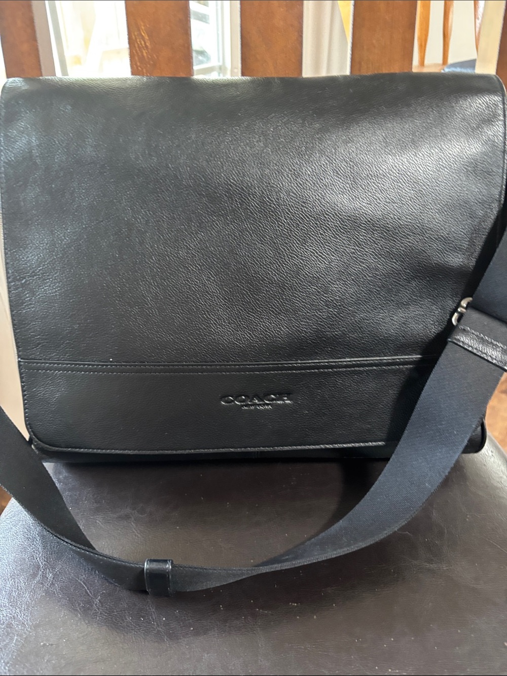 Coach Black Leather Messenger Bag with Webbing Strap